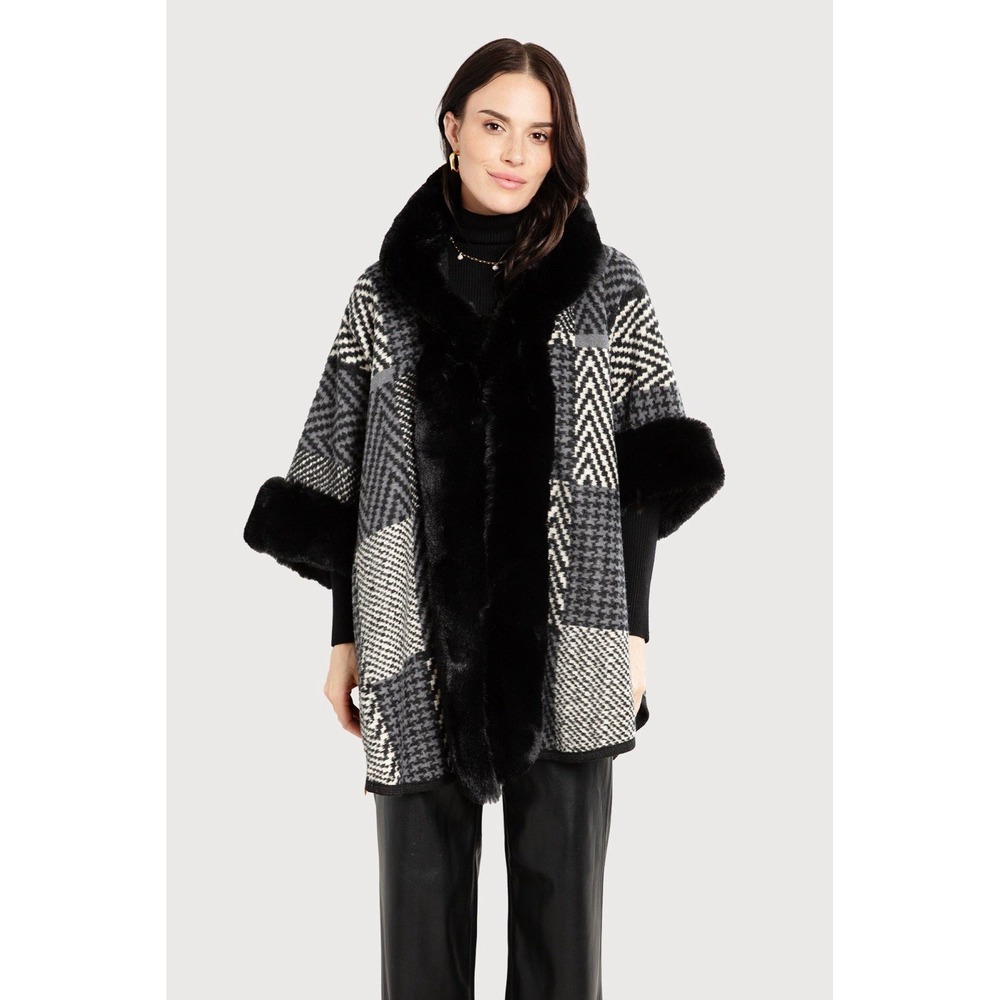 Saachi Kimono Cape Poncho Faux Fur Geometric Herringbone Gray Black OS NWOT